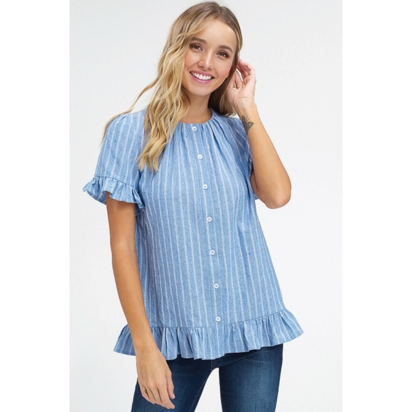 ♡ SOLD OUT! ♡ Blue Striped Button Down Ruffle Top - Picture 4 of 8